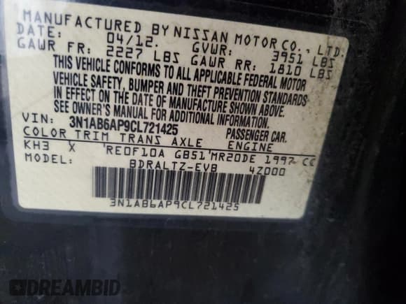 ✅ 2012 Nissan Sentra S • VIN: 3N1AB6AP9CL721425 • Lot: 71620554. Listed on Copart with 178,977 mi. Free auction sales archive from the USA and detailed vehicle history report at DreamBid. Image 12.