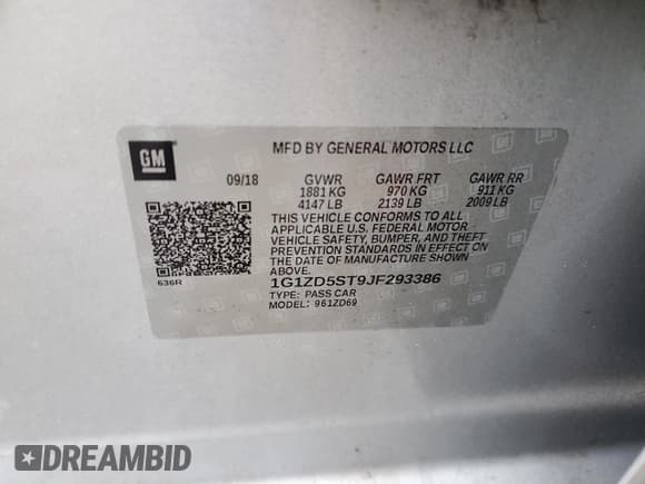 ✅ 2018 Chevrolet Malibu LT • VIN: 1G1ZD5ST9JF293386 • Lot: 90437065. Listed on Copart with 115,410 mi. Free auction sales archive from the USA and detailed vehicle history report at DreamBid. Image 13.