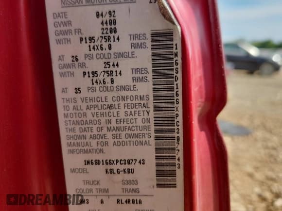 ✅ 1993 Nissan Frontier • VIN: 1N6SD16SXPC307743 • Lot: 70489285. Wystawiony na Copart z przebiegiem 248 882 mil. Bezpłatny archiwum sprzedaży aukcyjnych z USA i szczegółowy raport historii pojazdu na DreamBid. Zdjęcie 12.