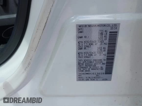 ✅ 2015 Nissan Pathfinder Platinum • VIN: 5N1AR2MM0FC613659 • Lot: 42194214. Listed on IAAI with 138,180 mi. Free auction sales archive from the USA and detailed vehicle history report at DreamBid. Image 9.