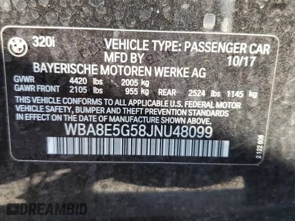 2018 BMW 3 Series 320i xDrive with VIN WBA8E5G58JNU48099, listed as a Copart auction lot 81150835 with 93,521 mi miles and Salvage title. Bid and sale history available at DreamBid. Image 12.