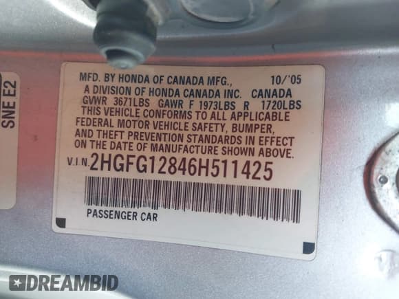 ✅ 2006 Honda Civic EX • VIN: 2HGFG12846H511425 • Lot: 43716062. Listed on IAAI with 168,636 mi. Free auction sales archive from the USA and detailed vehicle history report at DreamBid. Image 9.