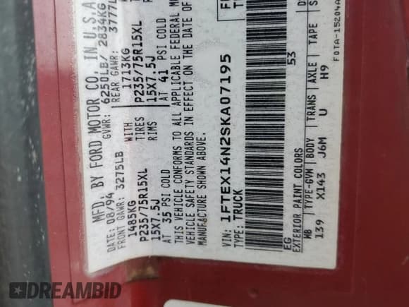 ✅ 1995 Ford F-150 • VIN: 1FTEX14N2SKA07195 • Лот: 58562465. Опубликован ранее на Copart с пробегом Не указан. Бесплатный доступ к архиву аукционных продаж из США и подробный отчёт об истории автомобиля на DreamBid. Изображение 13.