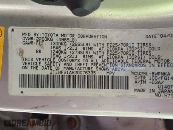 2002 Toyota Highlander с VIN JTEHF21A920076335, выставлен на аукционе IAAI как лот 42585818 с пробегом 125 086 миль миль и . История ставок и продаж доступна на DreamBid. Изображение 9.