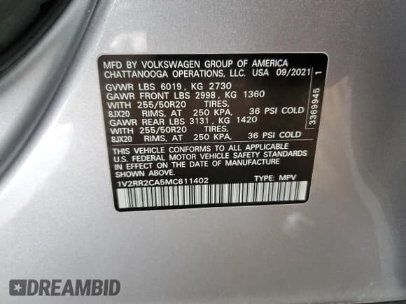 ✅ 2021 Volkswagen Atlas SE • VIN: 1V2RR2CA5MC611402 • Lot: 92200625. Listed on Copart with 37,808 mi. Free auction sales archive from the USA and detailed vehicle history report at DreamBid. Image 13.
