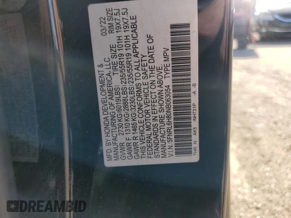 ✅ 2022 Honda Odyssey Touring • VIN: 5FNRL6H80NB063054 • Lot: 86162245. Listed on Copart with 36,565 mi. Free auction sales archive from the USA and detailed vehicle history report at DreamBid. Image 13.