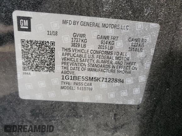 ✅ 2019 Chevrolet Cruze LT • VIN: 1G1BE5SM5K7123884 • Lot: 49351853. Listed on Copart with 77,009 mi. Free auction sales archive from the USA and detailed vehicle history report at DreamBid. Image 12.