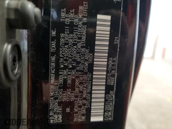 ✅ 2010 Toyota Tundra • VIN: 5TFLU5F18AX021587 • Lot: 71822874. Listed on Copart with 122,093 mi. Free auction sales archive from the USA and detailed vehicle history report at DreamBid. Image 12.