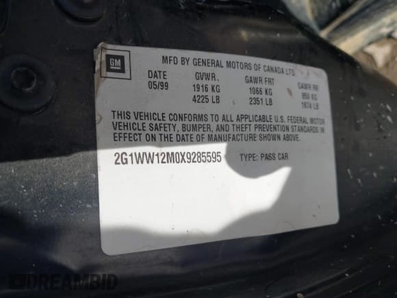 ✅ 1999 Chevrolet Monte Carlo LS • VIN: 2G1WW12M0X9285595 • Lot: 41333507. Listed on IAAI with 197,977 mi. Free auction sales archive from the USA and detailed vehicle history report at DreamBid. Image 9.