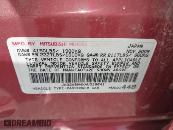 ✅ 2010 Mitsubishi Lancer GTS • VIN: JA32X8HWXAU018641 • Lot: 42932773. Listed on IAAI with 120,658 mi. Free auction sales archive from the USA and detailed vehicle history report at DreamBid. Image 9.