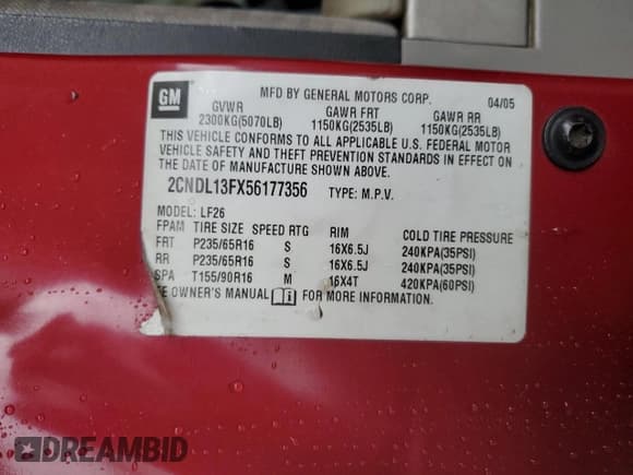 ✅ 2005 Chevrolet Equinox LS • VIN: 2CNDL13FX56177356 • Лот: 44696745. Опубликован ранее на Copart с пробегом 193 586 миль. Бесплатный доступ к архиву аукционных продаж из США и подробный отчёт об истории автомобиля на DreamBid. Изображение 13.