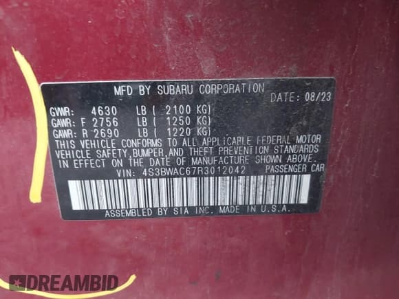 ✅ 2024 Subaru Legacy Premium • VIN: 4S3BWAC67R3012042 • Lot: 43792764. Listed on IAAI with 12,242 mi. Free auction sales archive from the USA and detailed vehicle history report at DreamBid. Image 9.