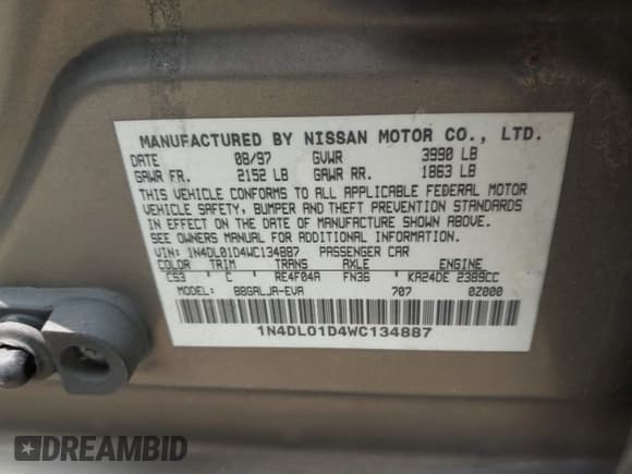 ✅ 1998 Nissan Altima XE • VIN: 1N4DL01D4WC134887 • Lot: 42805612. Listed on IAAI with 238,937 mi. Free auction sales archive from the USA and detailed vehicle history report at DreamBid. Image 9.