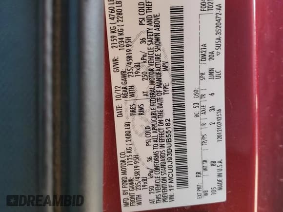 ✅ 2013 Ford Escape Titanium • VIN: 1FMCU0J93DUB55182 • Lot: 92138625. Listed on Copart with 118,930 mi. Free auction sales archive from the USA and detailed vehicle history report at DreamBid. Image 12.