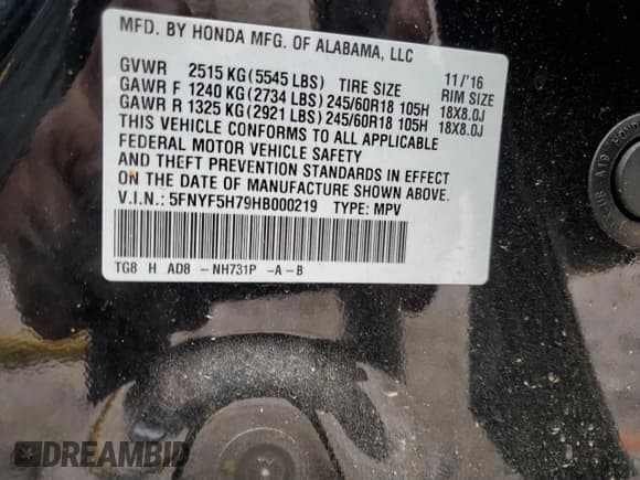 ✅ 2017 Honda Pilot EX-L • VIN: 5FNYF5H79HB000219 • Lot: 93205965. Listed on Copart with 147,077 mi. Free auction sales archive from the USA and detailed vehicle history report at DreamBid. Image 13.