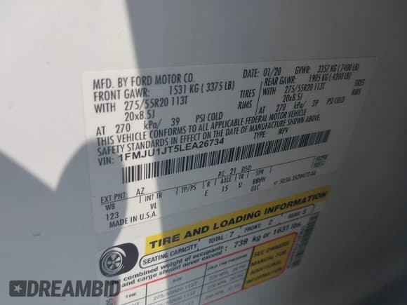 ✅ 2020 Ford Expedition XLT • VIN: 1FMJU1JT5LEA26734 • Lot: 43271054. Listed on IAAI with 120,106 mi. Free auction sales archive from the USA and detailed vehicle history report at DreamBid. Image 9.