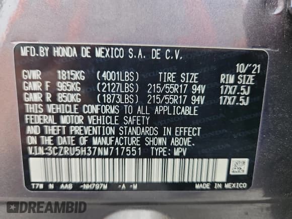 ✅ 2022 Honda HR-V LX • VIN: 3CZRU5H37NM717551 • Lot: 89455665. Listed on Copart with 78,207 mi. Free auction sales archive from the USA and detailed vehicle history report at DreamBid. Image 13.