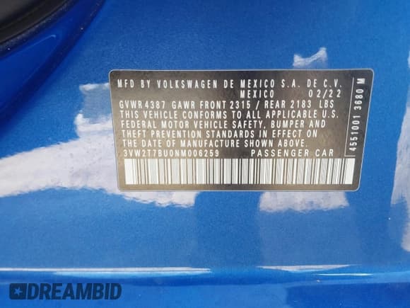 ✅ 2022 Volkswagen Jetta Autobahn • VIN: 3VW2T7BU0NM006259 • Lot: 43628911. Wystawiony na IAAI z przebiegiem 46 480 mil. Bezpłatny archiwum sprzedaży aukcyjnych z USA i szczegółowy raport historii pojazdu na DreamBid. Zdjęcie 9.