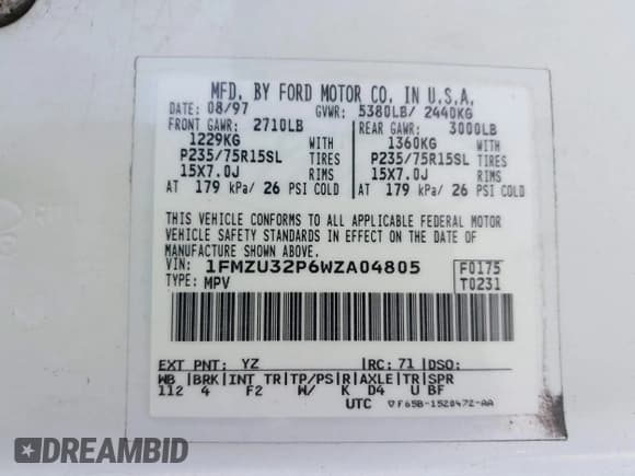 ✅ 1998 Ford Explorer XLT • VIN: 1FMZU32P6WZA04805 • Lot: 42569869. Listed on IAAI with 481,669 mi. Free auction sales archive from the USA and detailed vehicle history report at DreamBid. Image 9.