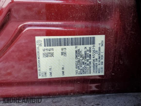 ✅ 2017 Nissan Maxima SL • VIN: 1N4AA6AP1HC455679 • Lot: 89357225. Listed on Copart with 146,688 mi. Free auction sales archive from the USA and detailed vehicle history report at DreamBid. Image 12.