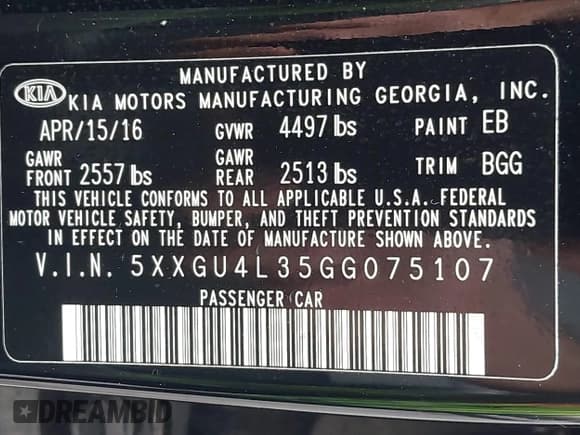 ✅ 2016 Kia Optima EX • VIN: 5XXGU4L35GG075107 • Lot: 43778757. Listed on IAAI with 61,541 mi. Free auction sales archive from the USA and detailed vehicle history report at DreamBid. Image 9.