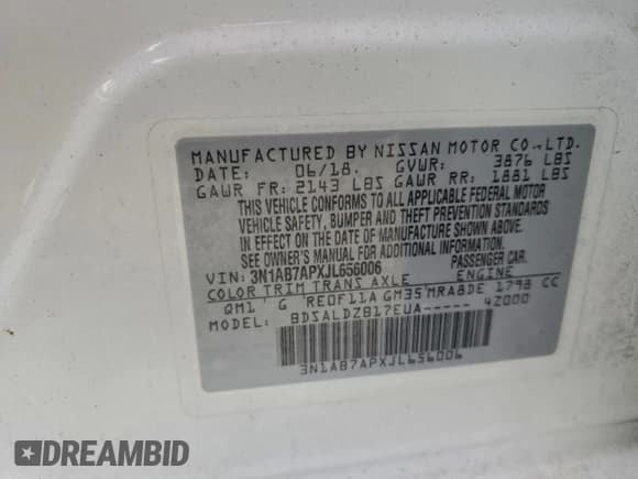 ✅ 2018 Nissan Sentra SV • VIN: 3N1AB7APXJL656006 • Lot: 94995795. Listed on Copart with 116,697 mi. Free auction sales archive from the USA and detailed vehicle history report at DreamBid. Image 12.