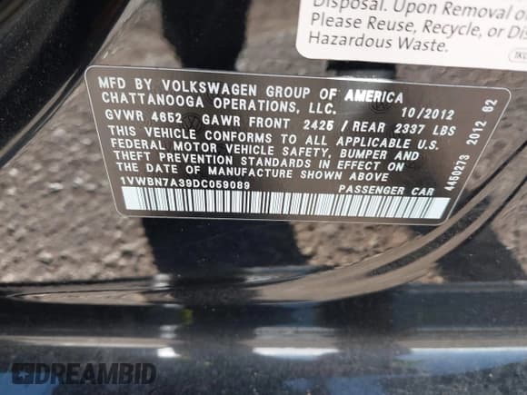 ✅ 2013 Volkswagen Passat SE • VIN: 1VWBN7A39DC059089 • Lot: 43841100. Listed on IAAI with 148,551 mi. Free auction sales archive from the USA and detailed vehicle history report at DreamBid. Image 9.