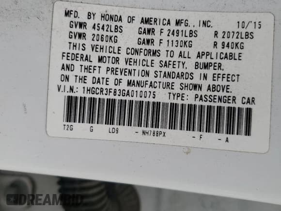 ✅ 2016 Honda Accord EX-L • VIN: 1HGCR3F83GA010075 • Lot: 61766535. Listed on Copart with 105,017 mi. Free auction sales archive from the USA and detailed vehicle history report at DreamBid. Image 12.