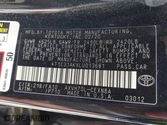 2020 Toyota Camry Hybrid LE с VIN 4T1C31AKXLU013681, выставлен на аукционе IAAI как лот 42540384 с пробегом 45 863 миль миль и . История ставок и продаж доступна на DreamBid. Изображение 9.