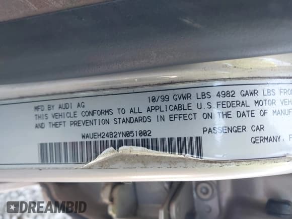 ✅ 2000 Audi A6 • VIN: WAUEH24B2YN051002 • Лот: 42207559. Опубликован ранее на IAAI с пробегом 182 246 миль. Бесплатный доступ к архиву аукционных продаж из США и подробный отчёт об истории автомобиля на DreamBid. Изображение 9.