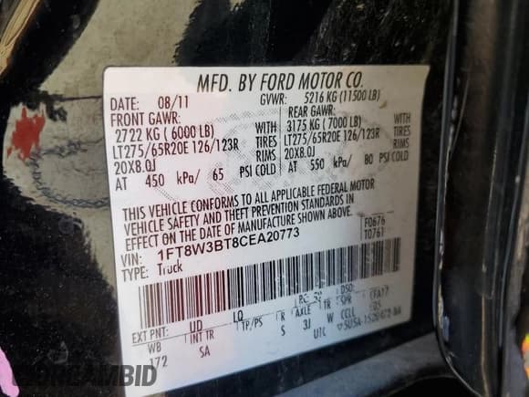 ✅ 2012 Ford F-350 Lariat • VIN: 1FT8W3BT8CEA20773 • Lot: 84649375. Wystawiony na Copart z przebiegiem 143 888 mil. Bezpłatny archiwum sprzedaży aukcyjnych z USA i szczegółowy raport historii pojazdu na DreamBid. Zdjęcie 12.