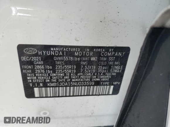 ✅ 2022 Hyundai Santa Fe SEL Premium • VIN: KM8S3DA15NU033599 • Lot: 47402664. Wystawiony na Copart z przebiegiem 29 728 mil. Bezpłatny archiwum sprzedaży aukcyjnych z USA i szczegółowy raport historii pojazdu na DreamBid. Zdjęcie 14.