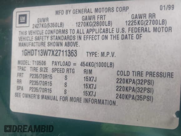 ✅ 1999 Oldsmobile Bravada • VIN: 1GHDT13W7X2711363 • Lot: 41294782. Wystawiony na IAAI z przebiegiem 198 508 mil. Bezpłatny archiwum sprzedaży aukcyjnych z USA i szczegółowy raport historii pojazdu na DreamBid. Zdjęcie 9.