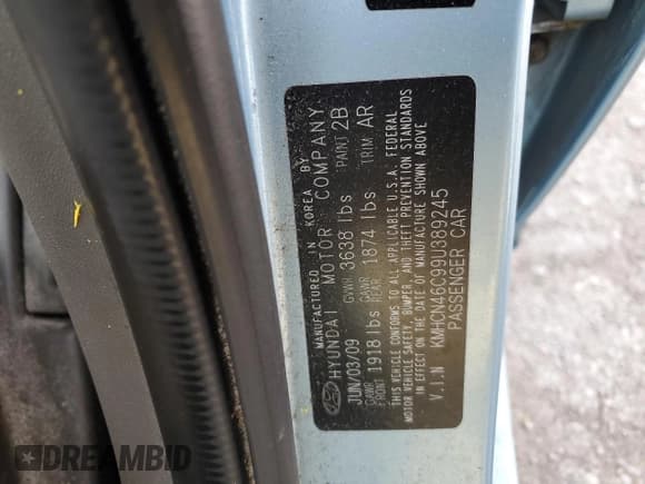 ✅ 2009 Hyundai Accent Auto GLS • VIN: KMHCN46C99U389245 • Lot: 49434645. Listed on Copart with Not provided. Free auction sales archive from the USA and detailed vehicle history report at DreamBid. Image 14.