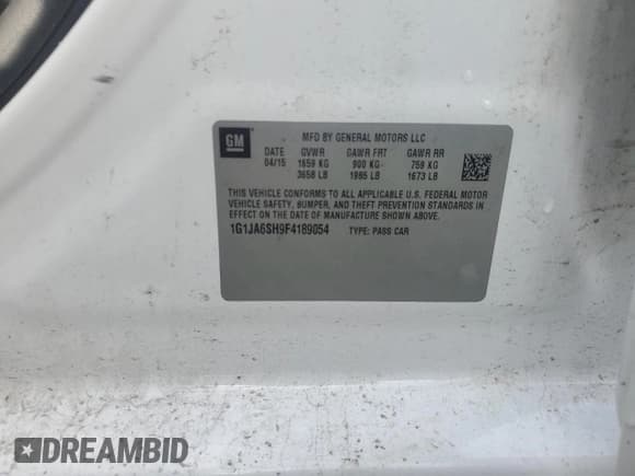 ✅ 2015 Chevrolet Sonic LS • VIN: 1G1JA6SH9F4189054 • Lot: 58816815. Listed on Copart with 123,605 mi. Free auction sales archive from the USA and detailed vehicle history report at DreamBid. Image 12.