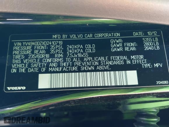 ✅ 2013 Volvo XC60 3.2L • VIN: YV4940DZXD2410719 • Lot: 43053491. Listed on IAAI with 96,891 mi. Free auction sales archive from the USA and detailed vehicle history report at DreamBid. Image 9.