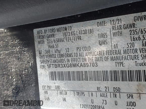 ✅ 2021 Ford Transit Cargo • VIN: 1FTBR3XG8MKA89703 • Lot: 42885214. Listed on IAAI with 79,907 mi. Free auction sales archive from the USA and detailed vehicle history report at DreamBid. Image 9.