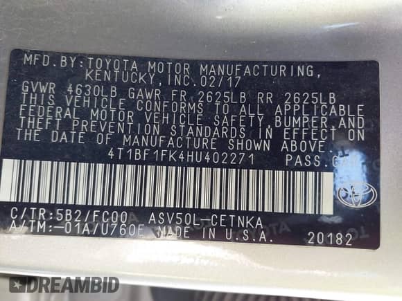 2017 Toyota Camry XLE с VIN 4T1BF1FK4HU402271, выставлен на аукционе IAAI как лот 43233974 с пробегом 88 793 миль миль и . История ставок и продаж доступна на DreamBid. Изображение 9.