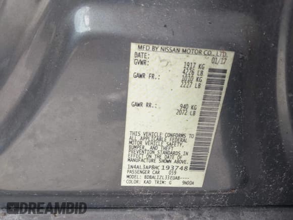 ✅ 2017 Nissan Altima SL • VIN: 1N4AL3AP8HC193748 • Lot: 42483990. Wystawiony na IAAI z przebiegiem 132 343 mil. Bezpłatny archiwum sprzedaży aukcyjnych z USA i szczegółowy raport historii pojazdu na DreamBid. Zdjęcie 9.