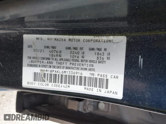 ✅ 2021 Mazda 3 Select • VIN: JM1BPAKL6M1336916 • Lot: 41708681. Listed on IAAI with 82,361 mi. Free auction sales archive from the USA and detailed vehicle history report at DreamBid. Image 9.