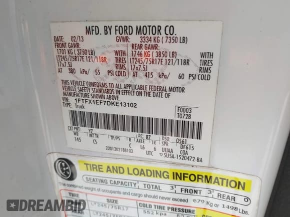 ✅ 2013 Ford F-150 XL • VIN: 1FTFX1EF7DKE13102 • Lot: 43571089. Listed on IAAI with 160,250 mi. Free auction sales archive from the USA and detailed vehicle history report at DreamBid. Image 9.