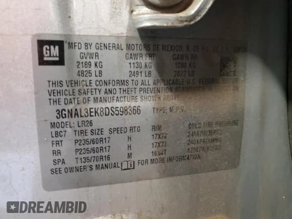 ✅ 2013 Chevrolet Captiva Sport LT • VIN: 3GNAL3EK8DS598366 • Lot: 57682315. Wystawiony na Copart z przebiegiem 202 207 mil. Bezpłatny archiwum sprzedaży aukcyjnych z USA i szczegółowy raport historii pojazdu na DreamBid. Zdjęcie 13.