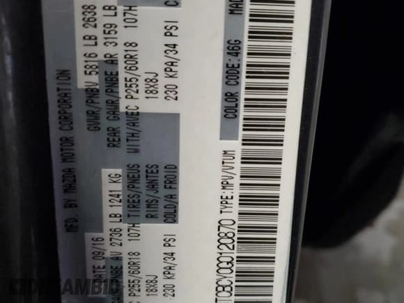 ✅ 2016 Mazda CX-9 Touring • VIN: JM3TCBCY0G0120870 • Lot: 92442205. Listed on Copart with Not provided. Free auction sales archive from the USA and detailed vehicle history report at DreamBid. Image 14.