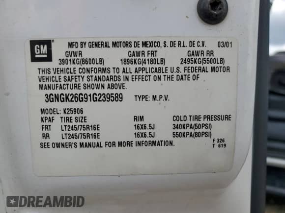 2001 Chevrolet Suburban LT with VIN 3GNGK26G91G239589, listed as a Copart auction lot 61990985 with 218,512 mi miles and Salvage title. Bid and sale history available at DreamBid. Image 13.