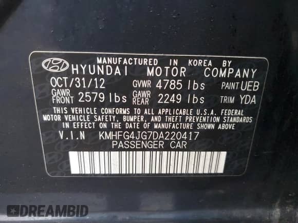 2013 Hyundai Azera с VIN KMHFG4JG7DA220417, выставлен на аукционе Copart как лот 42222125 с пробегом 104 023 миль миль и Списание • Salvage title. История ставок и продаж доступна на DreamBid. Изображение 12.