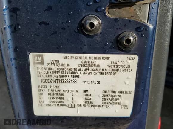 2002 Chevrolet Silverado 1500 LS with VIN 1GCEK14T72Z232488, listed as a Copart auction lot 72065155 with 193,997 mi miles and Salvage title. Bid and sale history available at DreamBid. Image 12.