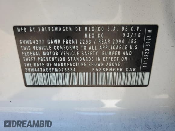 ✅ 2015 Volkswagen Golf GTI S • VIN: 3VW447AU9FM076884 • Lot: 70343885. Listed on Copart with 53,297 mi. Free auction sales archive from the USA and detailed vehicle history report at DreamBid. Image 12.