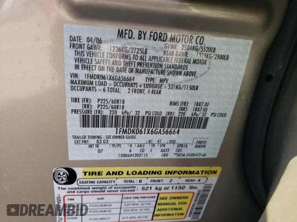 ✅ 2006 Ford Freestyle Limited • VIN: 1FMDK061X6GA56664 • Лот: 63794345. Опубликован ранее на Copart с пробегом 95 261 миль. Бесплатный доступ к архиву аукционных продаж из США и подробный отчёт об истории автомобиля на DreamBid. Изображение 13.