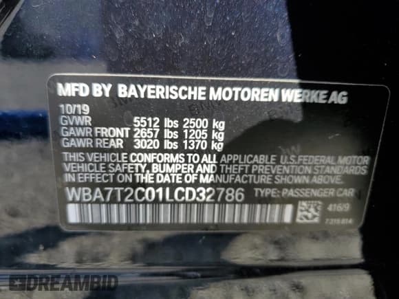 ✅ 2020 BMW 7 Series 740i • VIN: WBA7T2C01LCD32786 • Lot: 70733725. Listed on Copart with 109,529 mi. Free auction sales archive from the USA and detailed vehicle history report at DreamBid. Image 12.