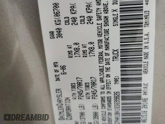 2006 Dodge 1500 SLT with VIN 1D7HA18N16S699826, listed as a Copart auction lot 65091194 with 255,980 mi miles and Salvage title. Bid and sale history available at DreamBid. Image 14.